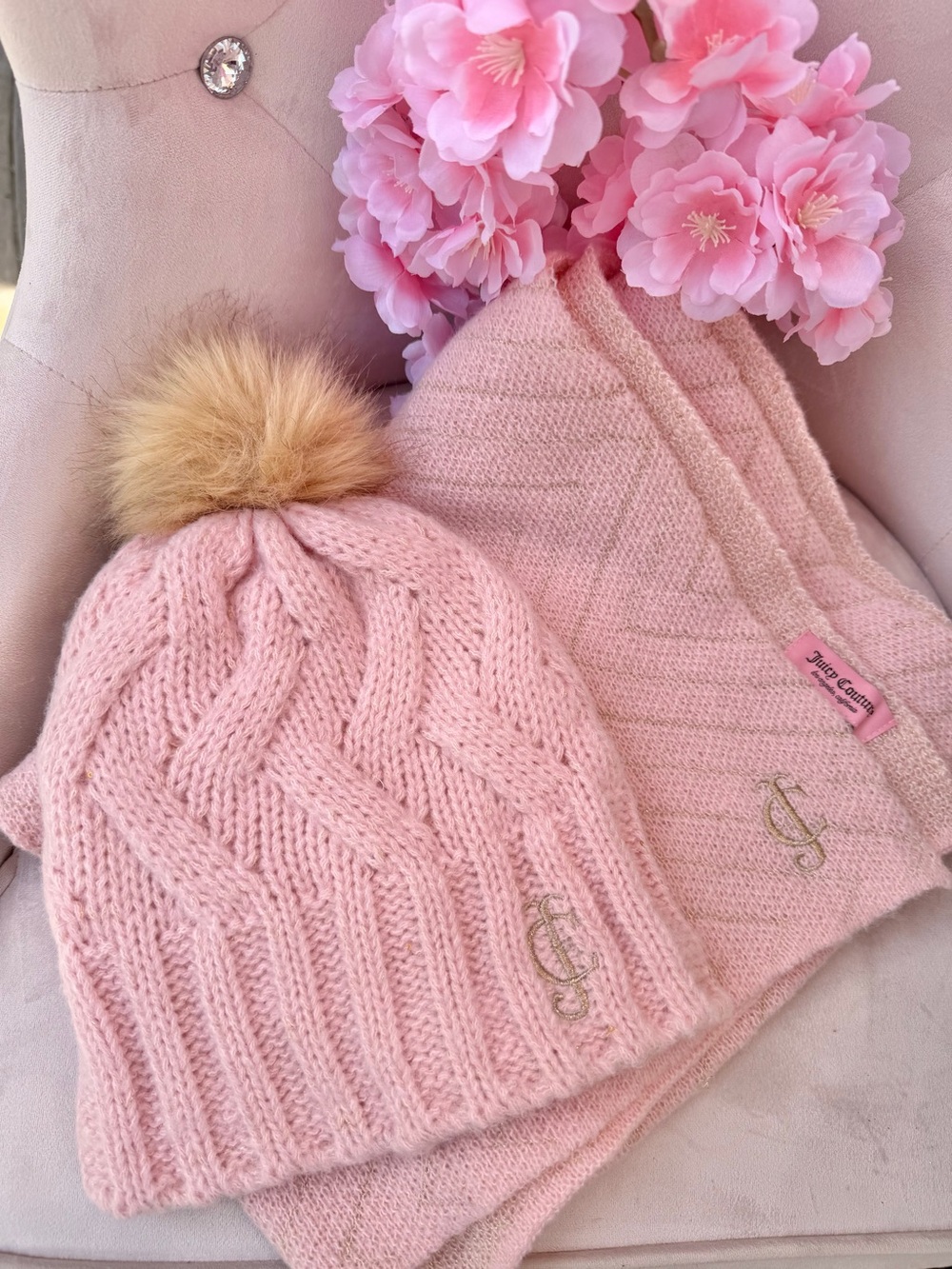 Juicy Couture Pink Knit Pom Beanie and Matching Scarf Set